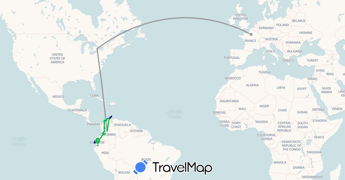 TravelMap itinerary: driving, bus, plane, hiking, boat in Canada, Colombia, Ecuador, France (Europe, North America, South America)